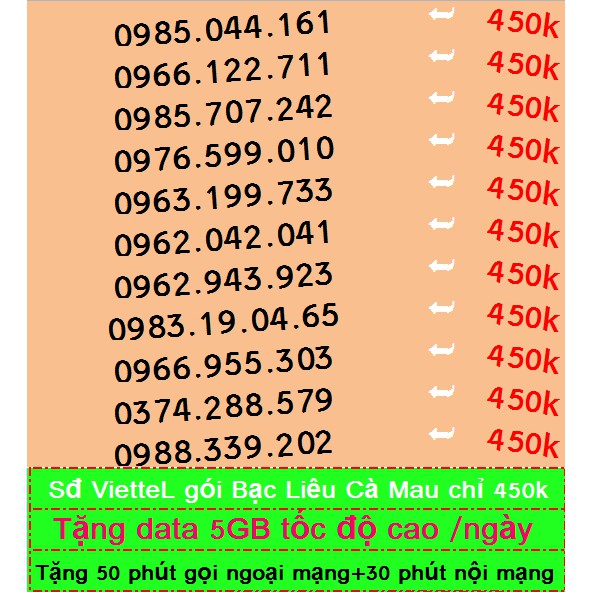 Sim Đẹp Viettel GIÁ 450k GÓI BẠC LIÊU CÀ MAU Miễn phí GỌI + Data tốc độ cao ( xem chi tiết Sp)