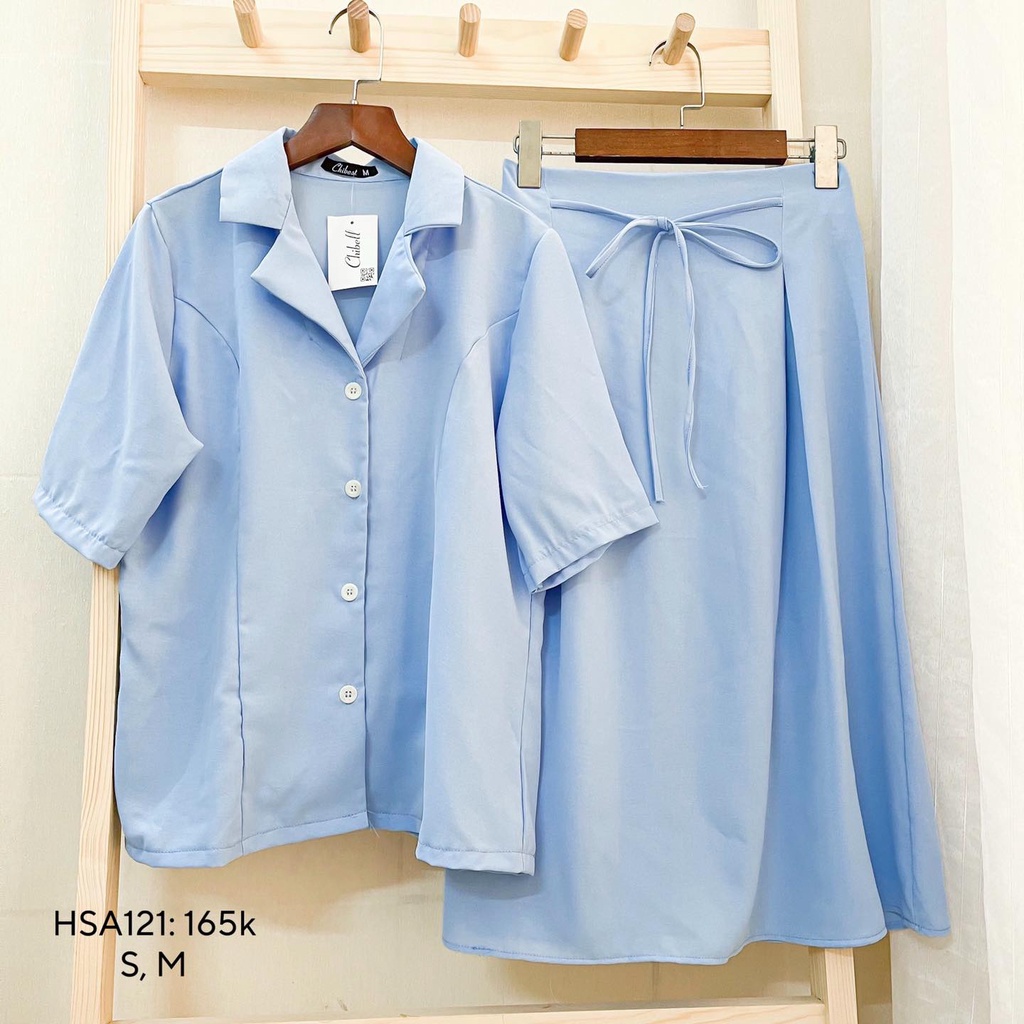 Set chân váy dài chun lưng kèm áo sơ mi cổ vest tay ngắn CHIBEST HSA121