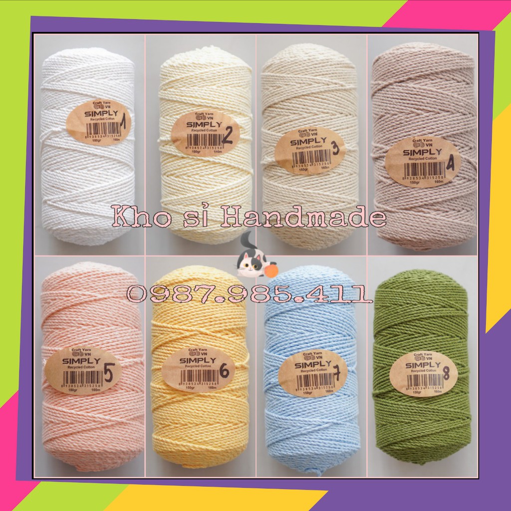 SỢI SIMPLY COTTON 150 gr/cuộn móc túi,mũ hè Bảng màu (Mã 01 ~ Mã 28)