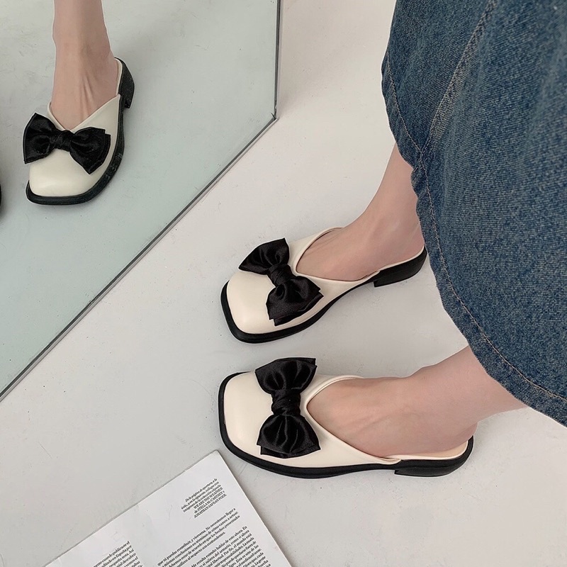 Dép Sục Nữ Lolita Đính Nơ Mũi Vuông Da Mềm Đế Êm Phong Cách Ulzzang