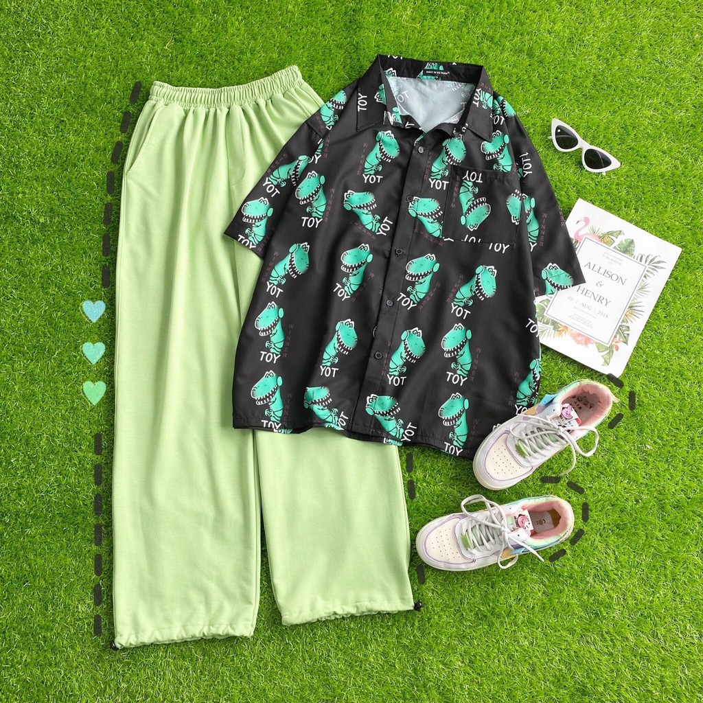 Áo sơ mi hoạ tiết khủng long xanh tay lỡ dáng rộng, sơ mi hoa dáng rộng đi biển unisex - mm | BigBuy360 - bigbuy360.vn