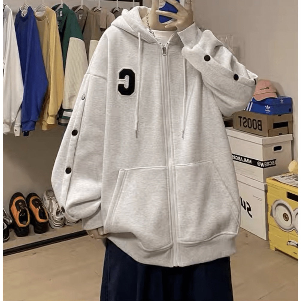 Áo Khoác Hoodie Nam Dây Kéo Chạy Viền Nút Tay Họa Tiết Ngực Đẹp Phong Cách Cá TÍnh