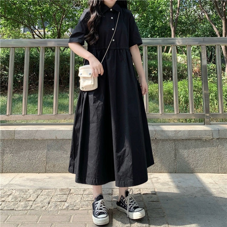 Đầm tay ngắn cổ POLO eo cao màu đen phong cách Hàn Quốc thời trang mùa hè cho nữ