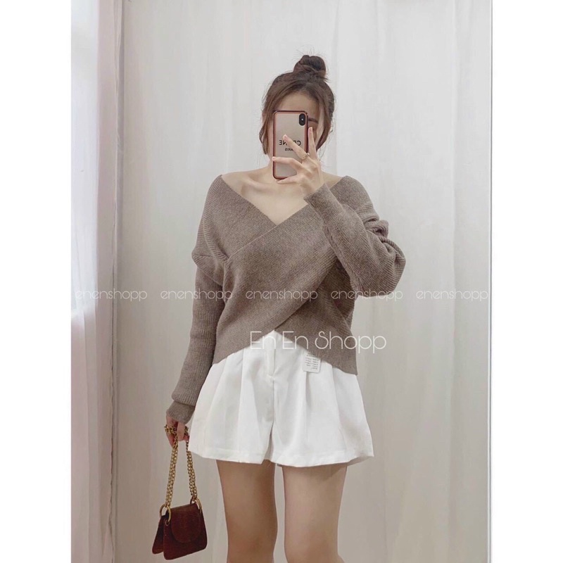 áo len trễ vai cổ tim chất dày dặn hàng qc