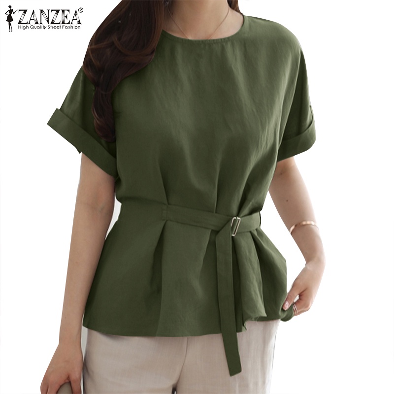 Áo thun nữ ZANZEA tay ngắn cổ tròn dáng rộng cột dây thời trang