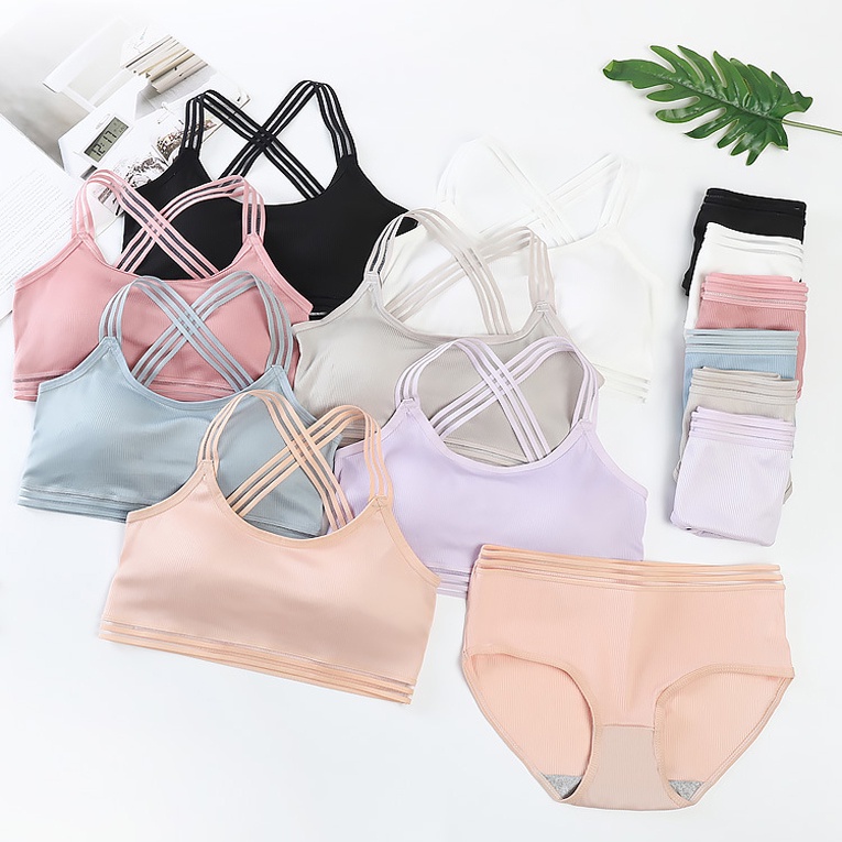 Sét bộ đồ bra nữ áo kèm quần lót cotton gân thoáng mát tiện lợi đẹp | BigBuy360 - bigbuy360.vn