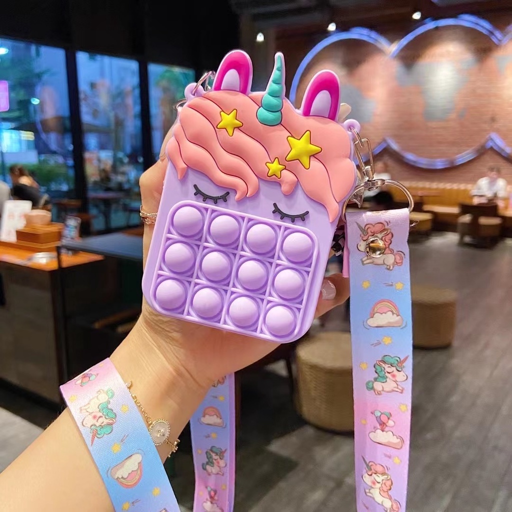 Ví đựng tiền xu mini bằng silicon mềm hình kỳ lân có dây đeo và khóa kéo dễ thương cho bé