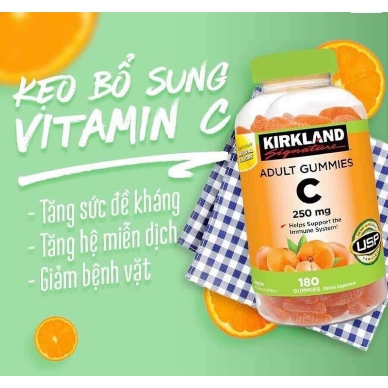 Kẹo dẻo bổ sung Vitamin C Kirkland Adult Gummies C 250mg hộp 180 viên của Mỹ