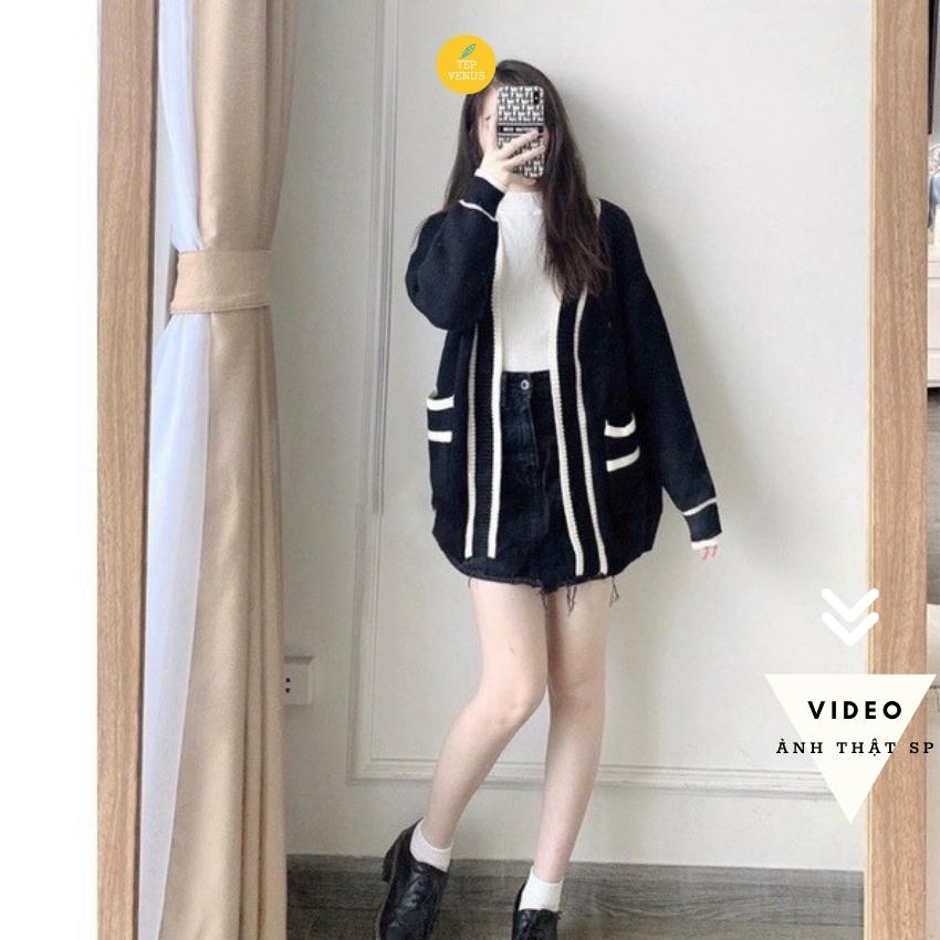 Áo Len Cardigan Nữ 2 Túi Trước Đen Trắng Phong Cách Hàn Quốc Tep Venus