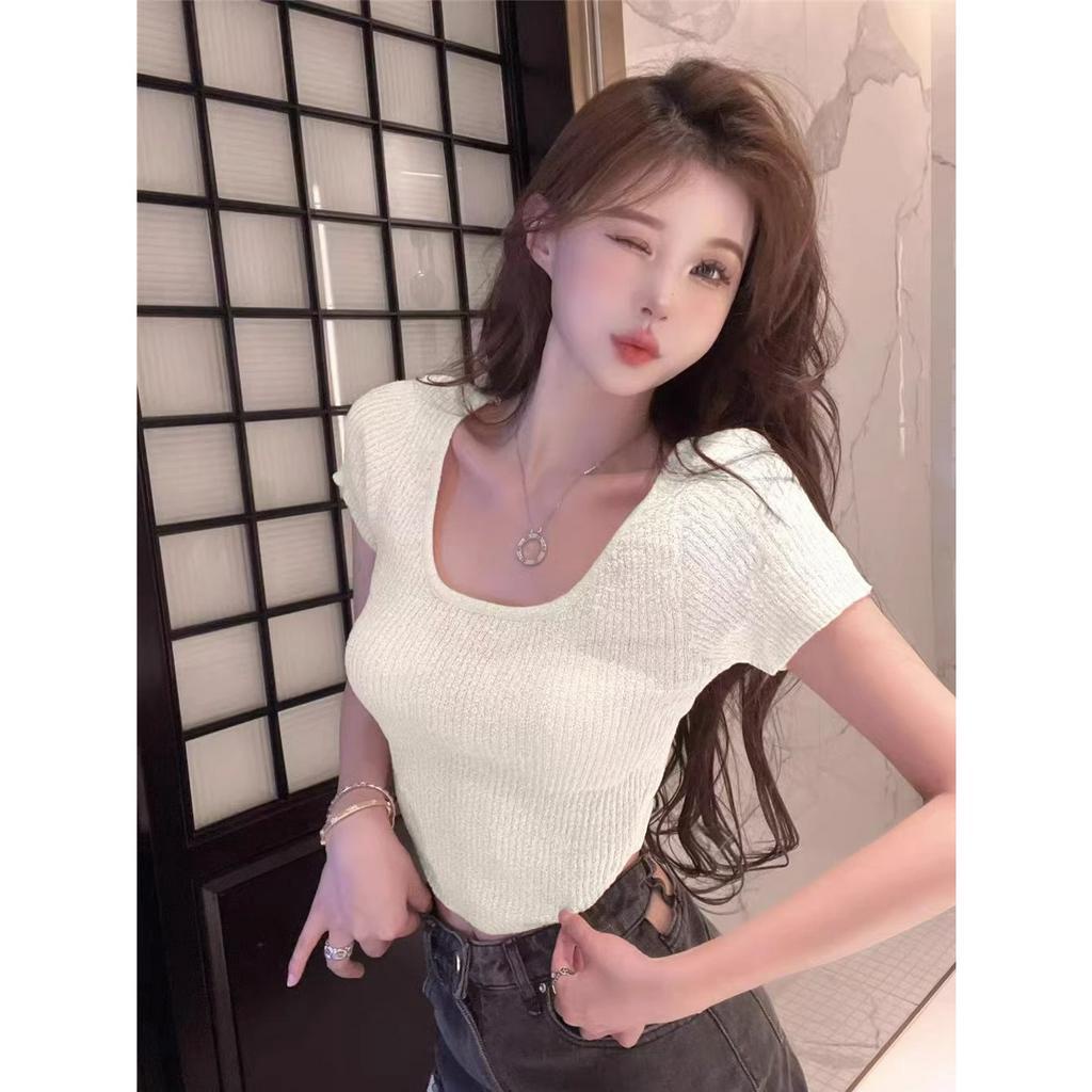 ZHELIHANGFEI Áo Dệt Kim Ngắn Tay Cổ Chữ U Hở Lưng Phong Cách Quyến Rũ Dành Cho Nữ