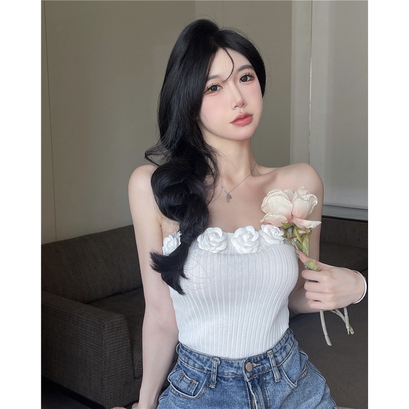 Áo croptop ZHELIHANGFEI dệt kim không dây ôm dáng họa tiết hoa nhỏ ba chiều dành cho nữ