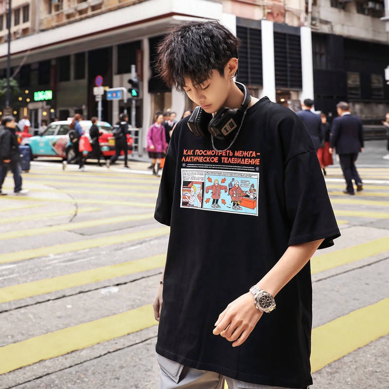 【W@R】Summer Korean student handsome 5-sleeve social loose short sleeve original suzerain black t-shirt men's fashion half sleeve