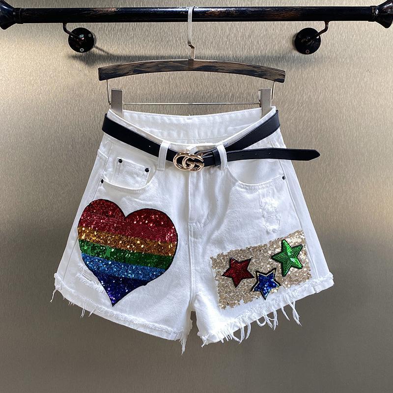 Quần Short Jean Rách Màu Trắng Cạp Cao Dáng Rộng Đính Kim Cương Giả Hợp Xu Hướng Thời Trang Mùa Hè Cho Nữ