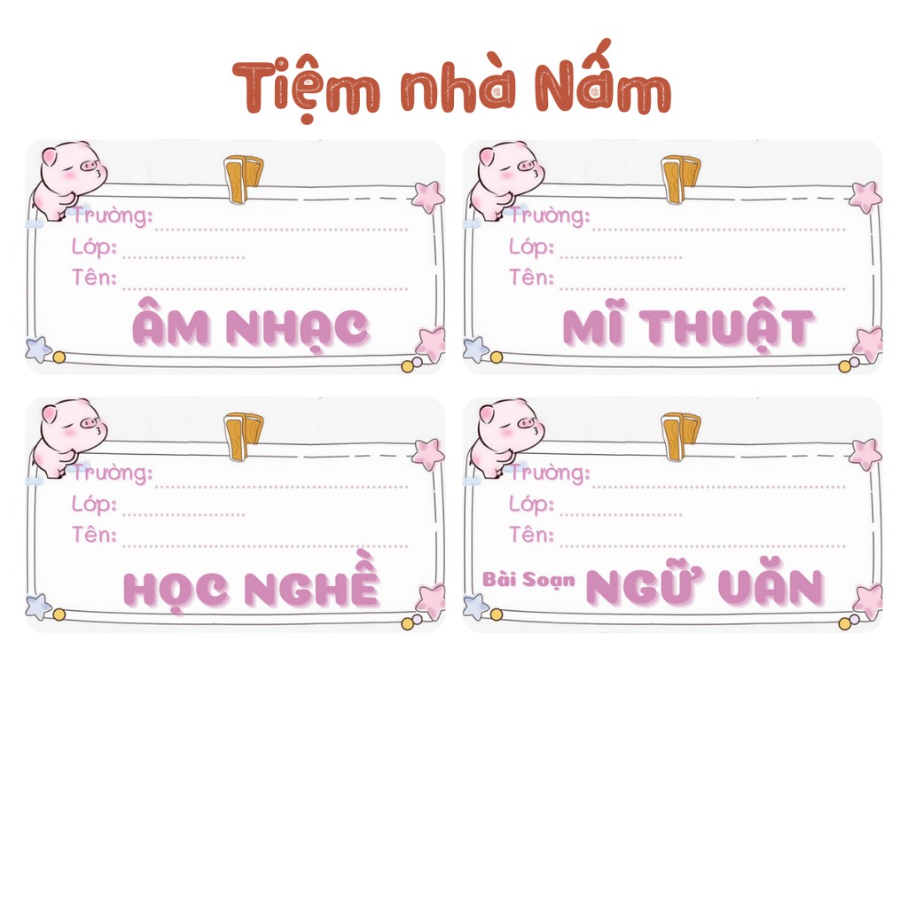 Combo Nhãn Vở Thiết Kế Theo Tên Môn Học, Con Heo Hồng