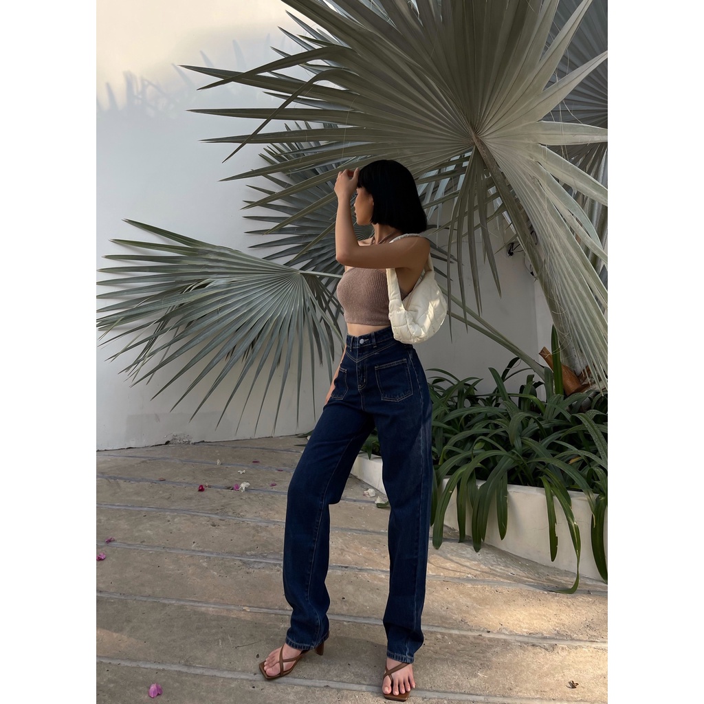 Quần jeans nữ ống rộng CHICMONKI lưng cao túi ốp phom cực đẹp màu xanh đậm CMJ1159 | BigBuy360 - bigbuy360.vn