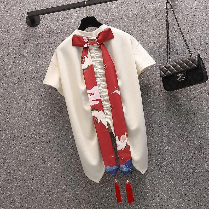 Áo thun tay ngắn dáng rộng đính nơ phong cách Trung Hoa độc đáo cổ điển