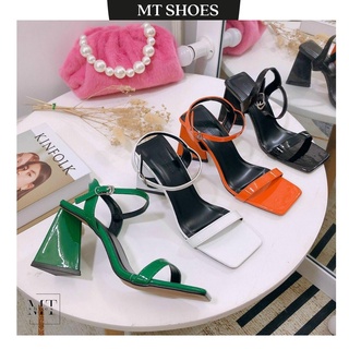 Giày Sandal nữ gót tam giác quai ngang mũi vuông da bóng cao 9F nhiều màu Hot Trend giá siêu ưu đãi