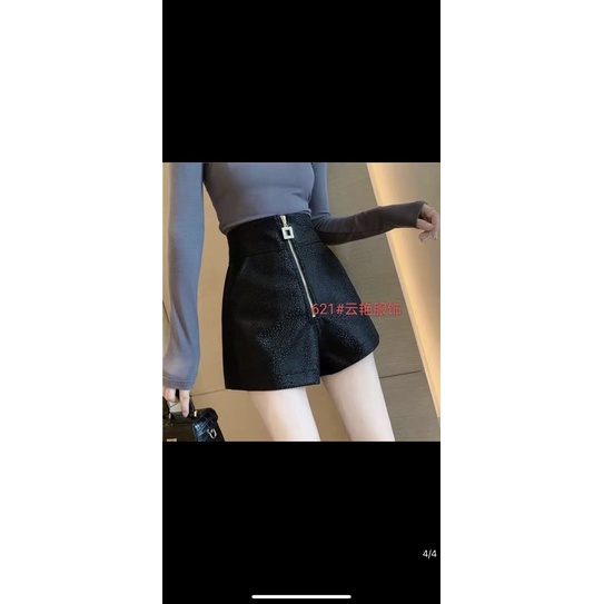 Quần short da lưng cao dây kéo