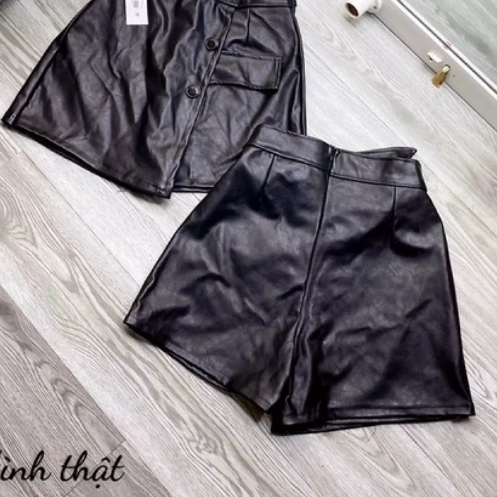 Chân váy da chữ a cạp chéo quần giả váy vạt chéo 3 cúc có khóa kéo sau lưng-Thời Trang-Cún5055