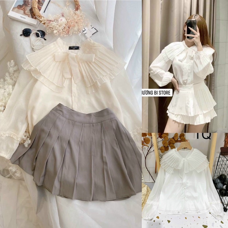 [Ảnh thật/sẵn] Áo sơmi tơ 2 lớp thiết kế cổ bèo dập ly/ sơ mi nữ