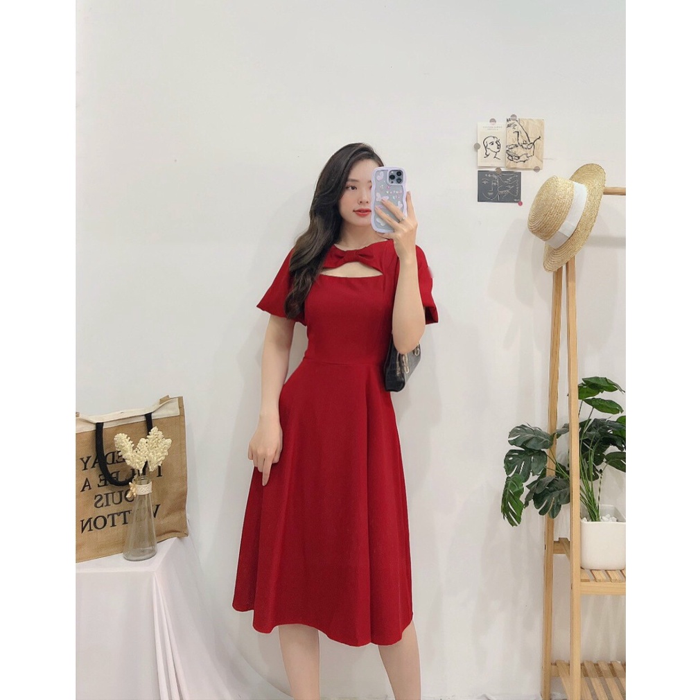 Đầm dự tiệc khoét ngực, Váy cổ yếm khoét ngực Cao Cấp dáng xòe tay ngắn nữ tính, đỏ trắng nude - MiNhi Đầm