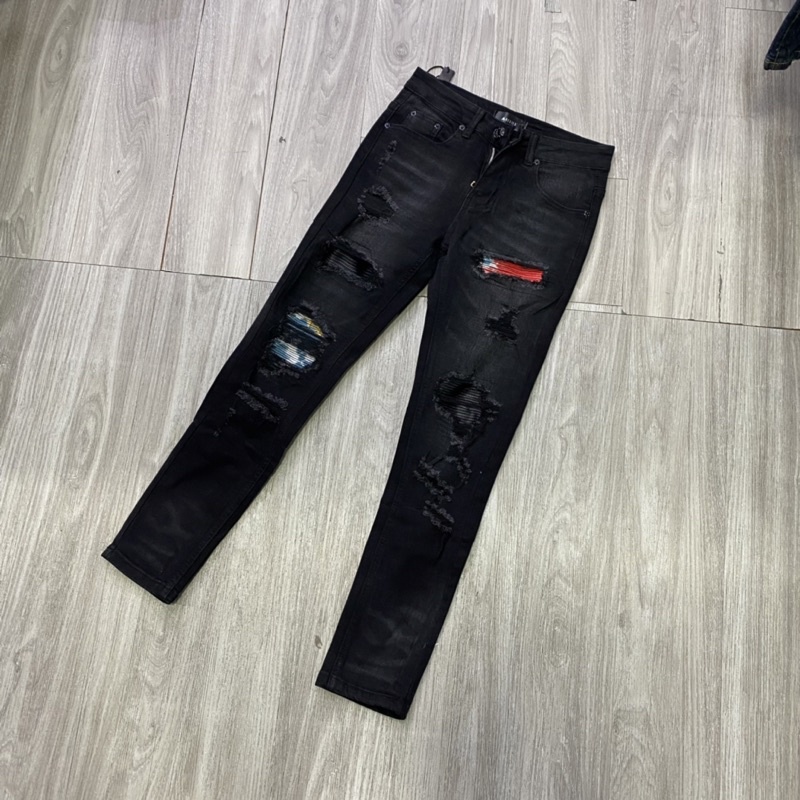 Quần bò dài Amiri rách gối vá đỏ 2396, quần jeans biker rách mix màu new, Bin Store