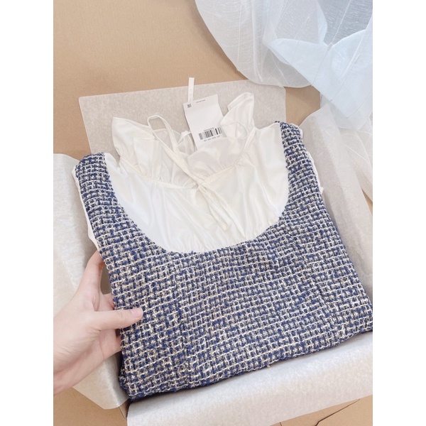 Áo SơMi Phối Dạ Tweet Xanh Cổ Bèo