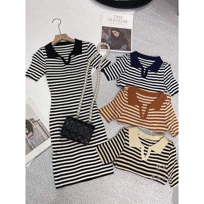 Váy body kẻ cổ bẻ viền Quảng châu