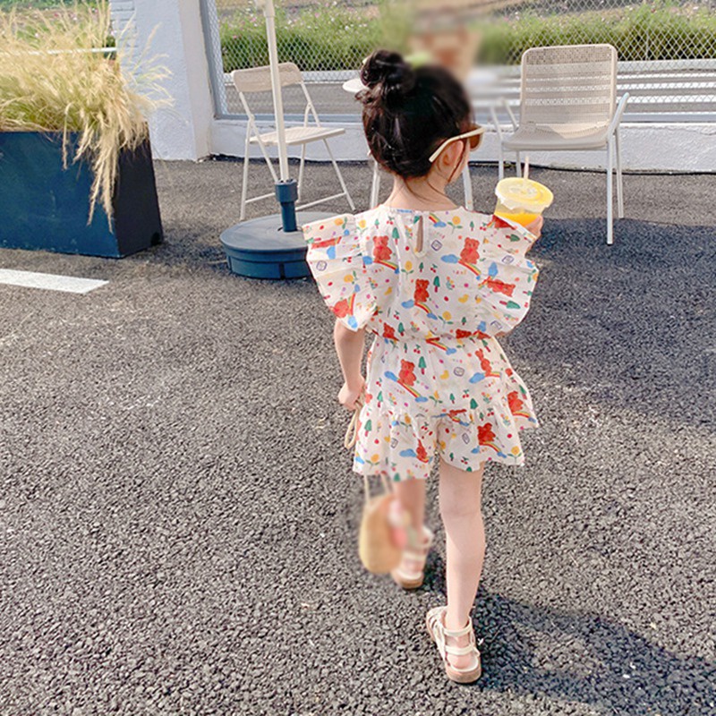 Hàng Mới Về Set Áo Thun Ngắn Tay In Hình Hoạt Hình + Quần Short Thời Trang Cho Bé Gái