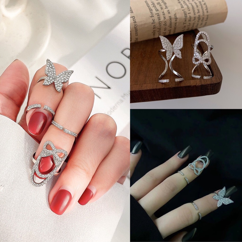 Nhẫn bạc hình cánh bướm và nơ lấp lánh