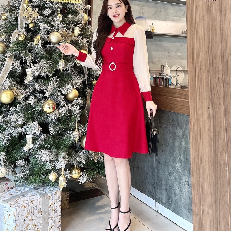 Váy nhung đỏ cổ sơ mi phối tay tơ dáng xoè cực xinh