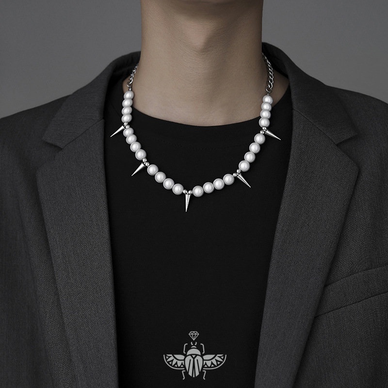 Vòng cổ Thép Titan Đính Hạt Ngọc Trai Phản Quang Phong Cách Hip hop Âu Mỹ 100 Phù Hợp Cho Nam Và Nữ