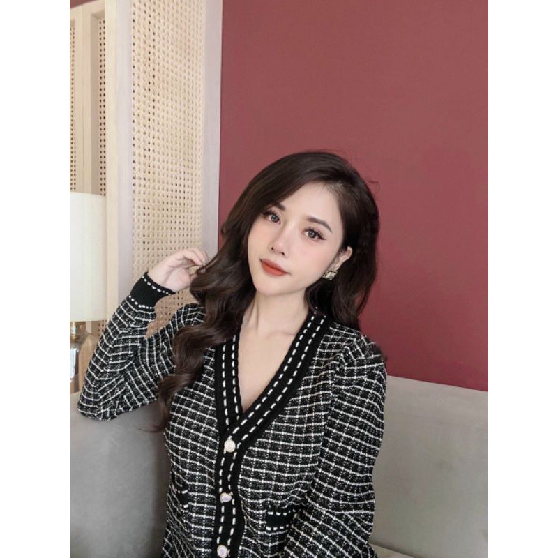 A503 Áo Khoác Len, Áo khoác cadigan chạy viền 2 tone màu trắng đen basic, phối túi 2 bên và cúc ngọc | BigBuy360 - bigbuy360.vn