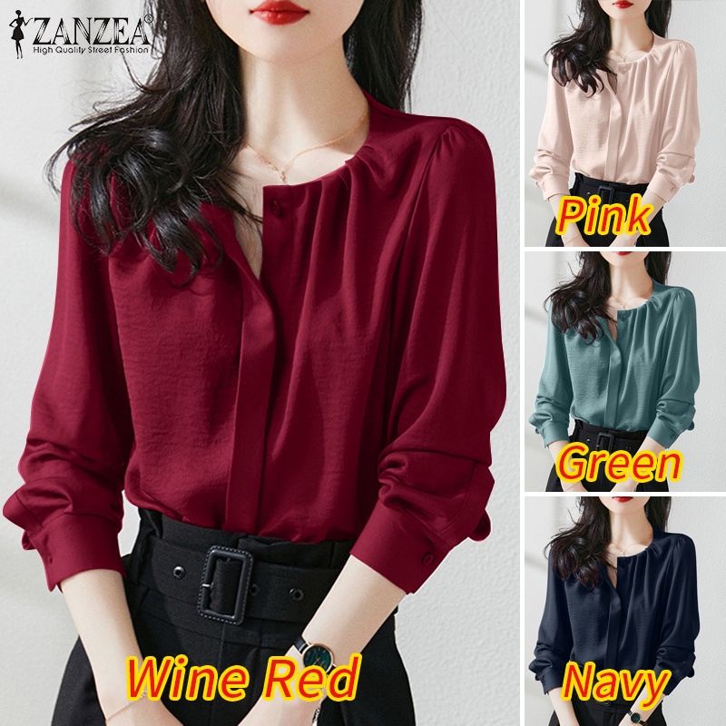 Áo sơ mi ZANZEA tay dài cổ tròn bằng satin thời trang cho nữ