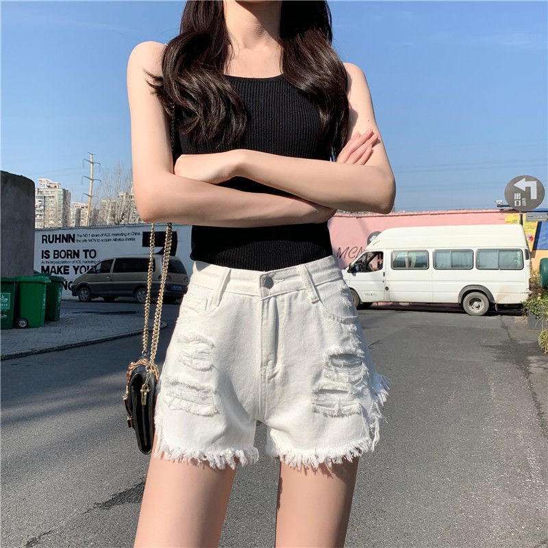 Quần short denim cạp trễ thời trang nữ hè 2021 phong cách Hàn Quốc mới cao slim-fit hồng nóng