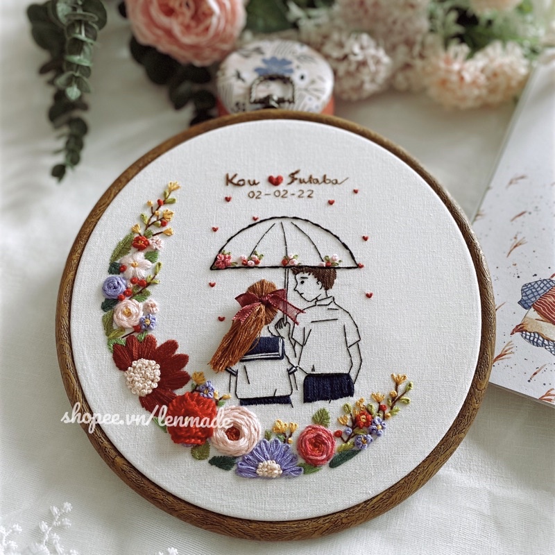 DIY bộ KIT thêu tay kỉ niệm TÌNH YÊU tự làm quà tặng valentine handmade decor trang trí bàn tiệc Lenmade embroidery cưới