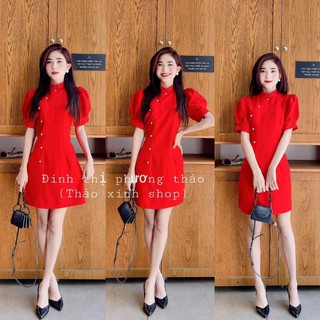 váy đỏ cổ tàu đính ngọc diện tết