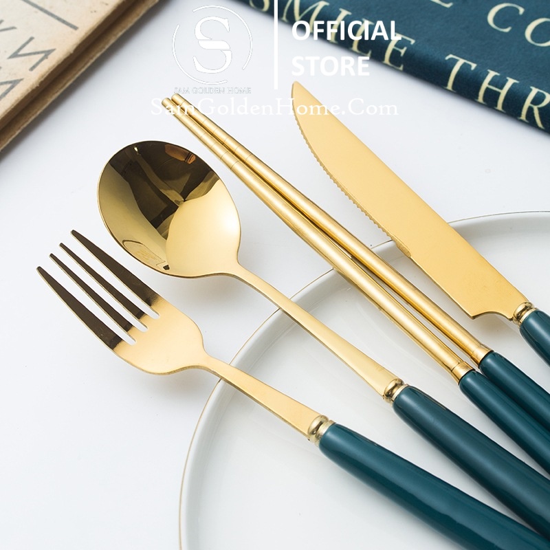 Dao Muỗng Nĩa Ăn Sang Trọng Xanh Lục Mạ Vàng Gold Xanh Cổ Vịt Bắc Âu Inox Bền