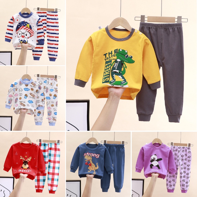 Bộ Đồ Ngủ Cotton Tay Dài In Họa Tiết Hoạt Hình Đáng Yêu Cho Bé Gái 1-6 Tuổi