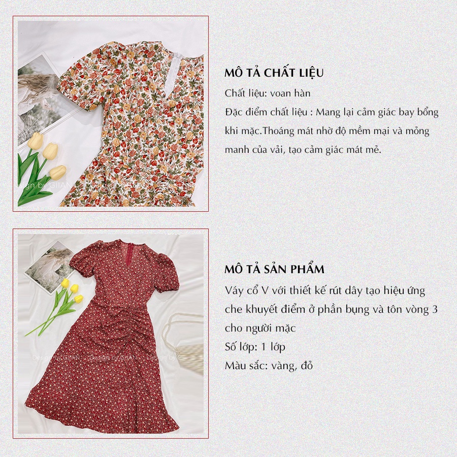 Váy hoa nhí tay bồng đuôi cá thiết kế GIIAN, đầm nữ công sở ngắn tay cổ V rút dây dáng dài G-V2156-3