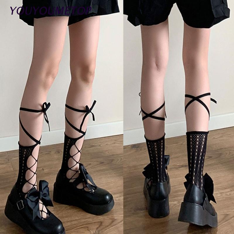 Vớ Lưới Ren Thắt Nơ Phong Cách Gothic Harajuku Nhật Bản Cho Nữ