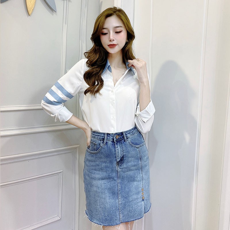 Áo sơ mi nữ trắng dài tay Chunxuu thiết kế tay phối sọc màu thanh lịch thời trang - SP39