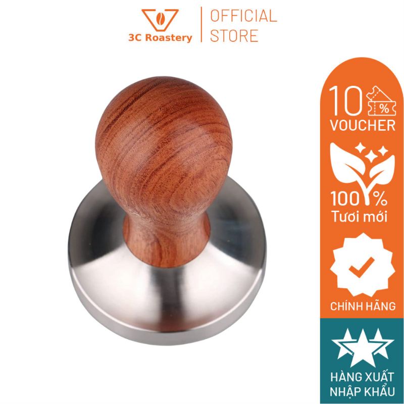 Tamper nén cà phê size 53(58) mm 3C ROASTERY dụng cụ pha chế chất liệu cán gỗ trụ thép không gỉ