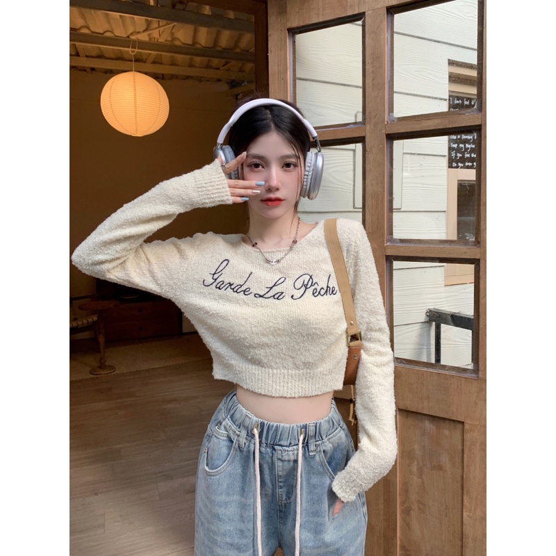 Áo sweater Dệt Kim Tay Dài Dáng Ôm In Họa Tiết Kiểu retro Hàn Quốc Thời Trang Mùa Thu Cho Bạn Gái