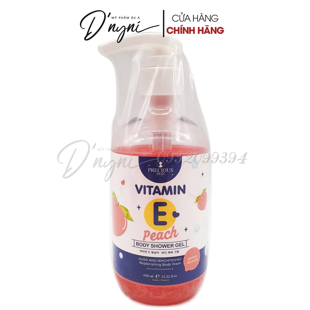 Sữa Tắm Dạng Gel Tắm Tái Tạo &amp; Sáng Da Vitamin E Chiết Xuất Từ Quả Đào Peach PRECIOUS SKIN Thái Lan 450ml