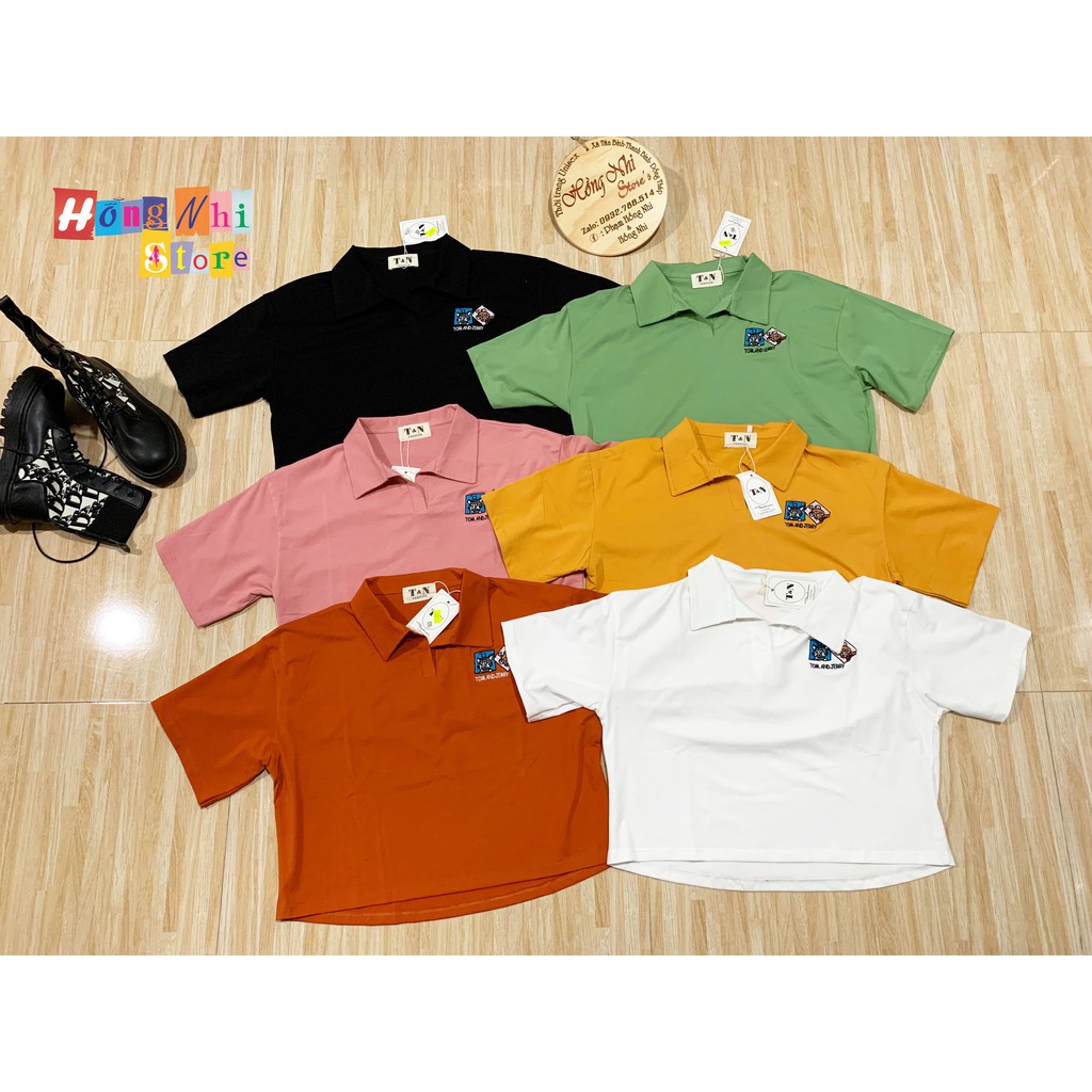 Áo Thun Polo Croptop Tay Lửng Dáng Rộng Ulzzang Thêu Hình