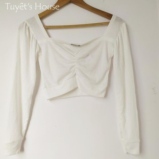 Áo Croptop nhún ngực dài tay chất gân mịn B10, áo crt cổ v tay dài tôn eo