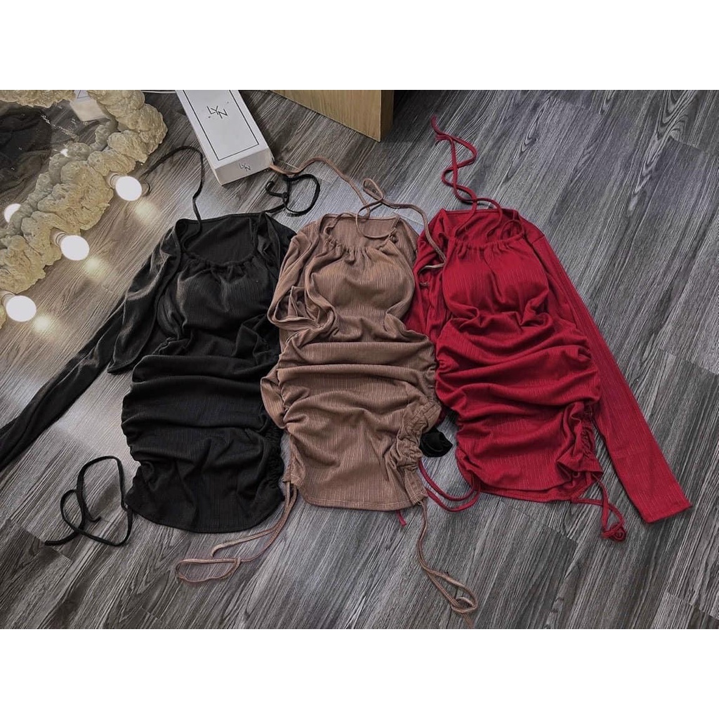 Set Đầm Body Yếm Cột Kèm Áo Khoác