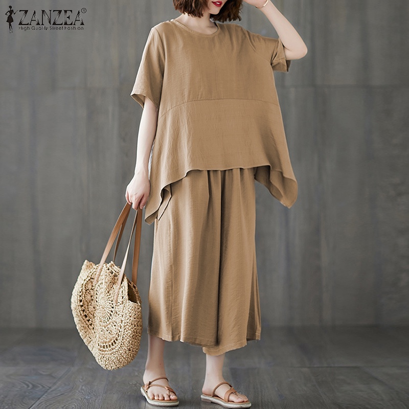 Set quần áo Zanzea gồm áo tay ngắn cổ tròn vạt lệch + quần ống rộng lung thun phong cách Hàn Quốc cho nữ