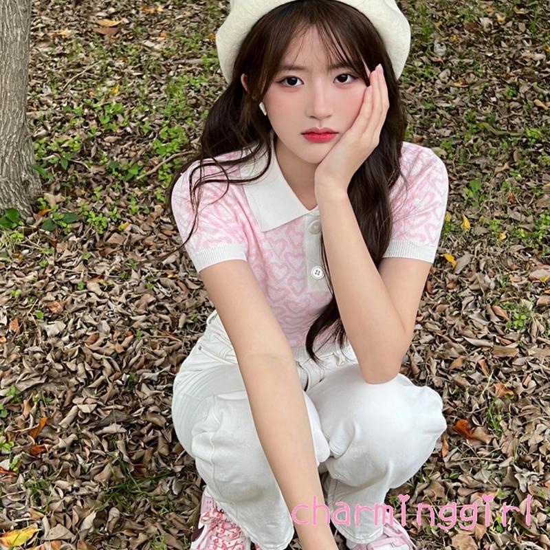 Áo Croptop Dệt Kim Tay Ngắn 1 / 3 Nút In Họa Tiết Trái Tim Đơn Giản Thời Trang Mùa Hè Cho Nữ
